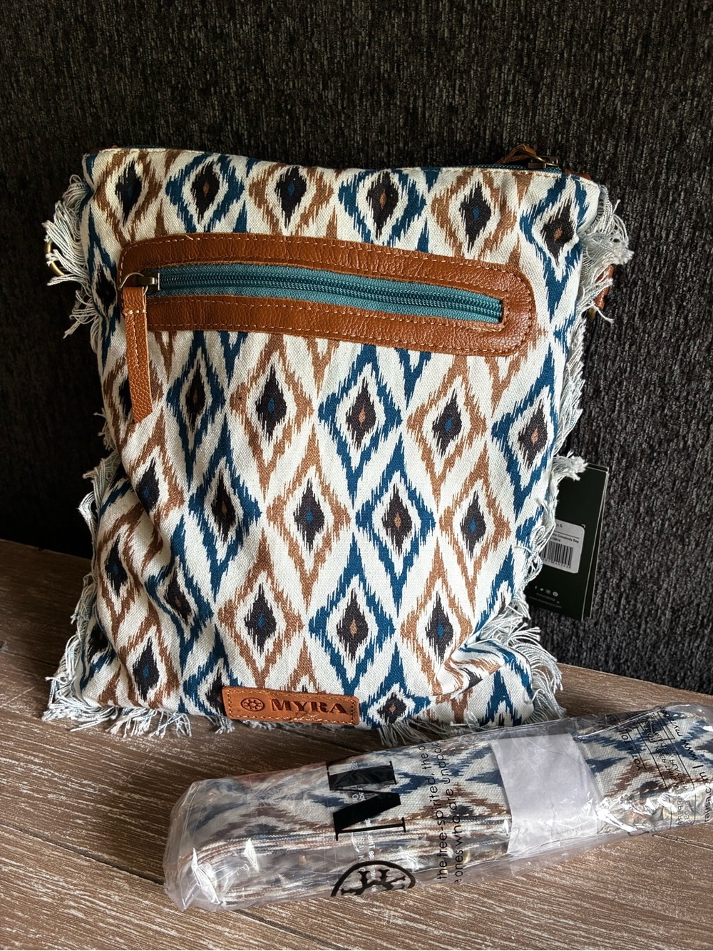 Myra Bag “Beautiful Tapestry Crossbody Bag  Cream, Brown & Blue Diamond-Pattern
